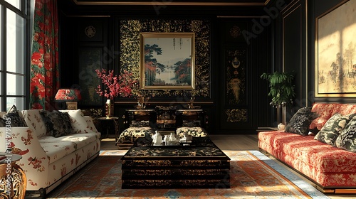 Elegant living room design with Chinese motifs, lacquered furniture, and a touch of gold decor photo