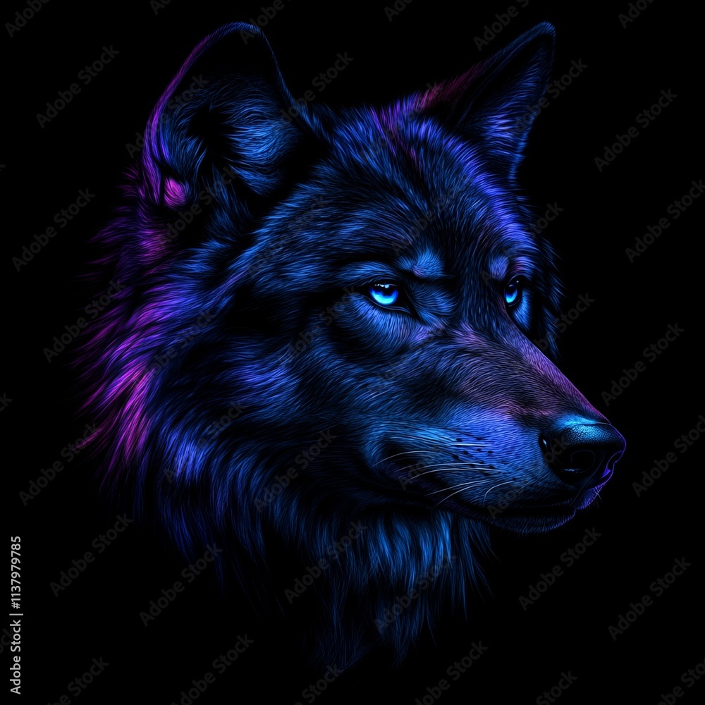 Neon Wolf Portrait Mystical Blue and Purple Canine Neon Wolf Portrait Mystical Blue and Purple Canine