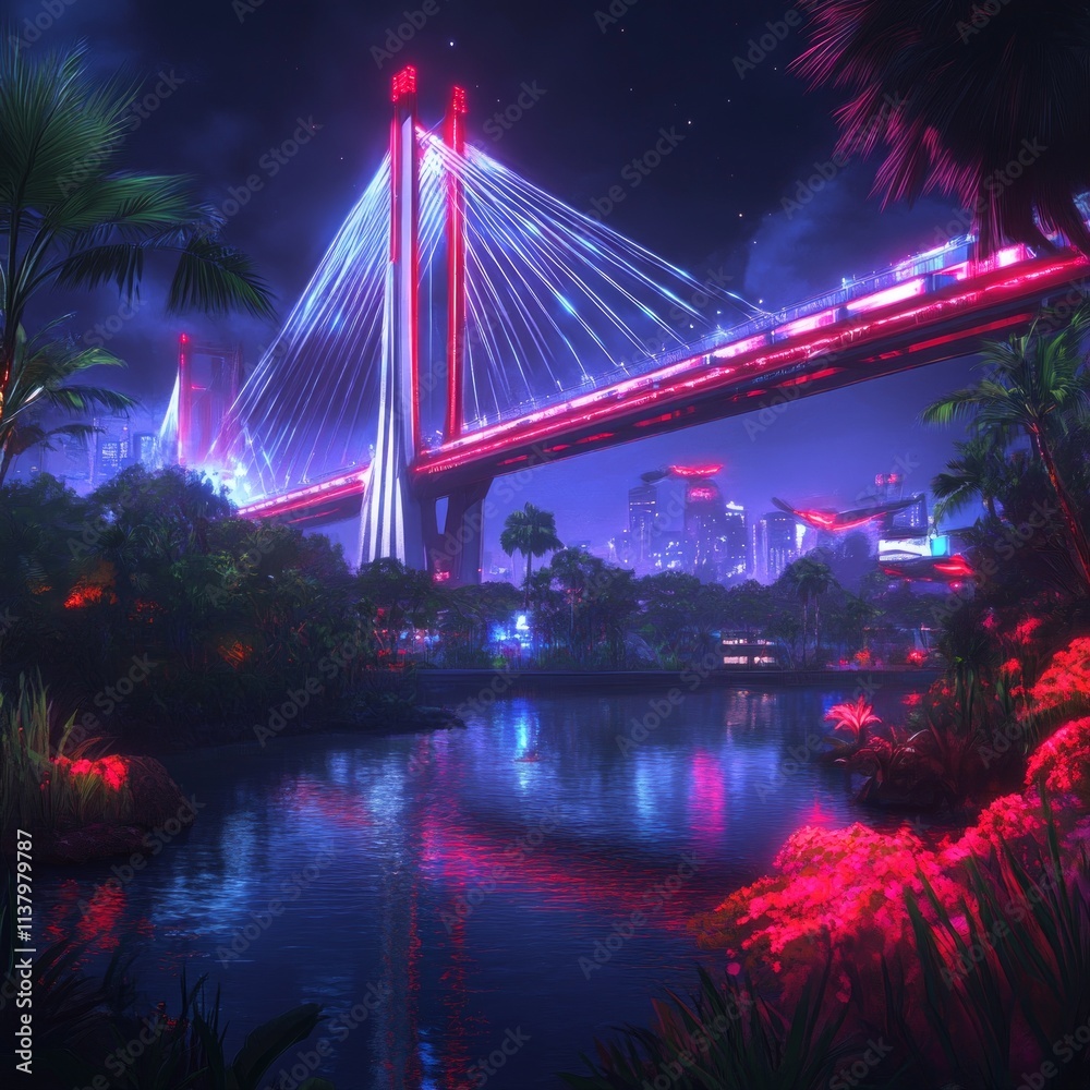 Obraz premium Neon Nightscape Cable Bridge Over Tropical City