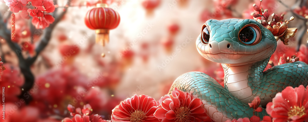 Naklejka premium Green snake with chinese decorations as symbol of Lunar Chinese New Year 2025. Banner with copy space. Shallow depth of field.