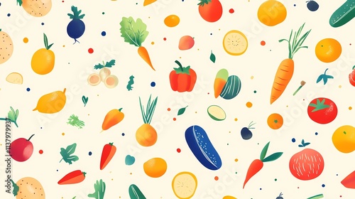A vibrant assortment of illustrated vegetables and fruits in a playful, colorful design.