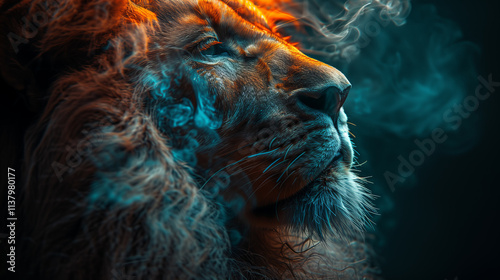 A lion, ideal for dreamscape portraiture with a gigantic scale. Perfect as wallpaper or wall poster background for design. photo