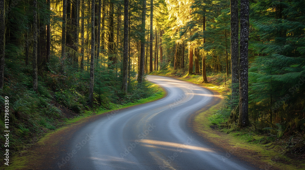 Obraz premium Serene winding road through dense green forest with sunlight filtering through tall trees