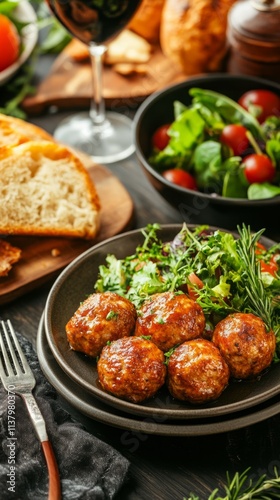 Rustic wooden table setting featuring golden-brown meatballs, fresh garlic bread, and a vibrant salad, creating a warm and inviting dining atmosphere.