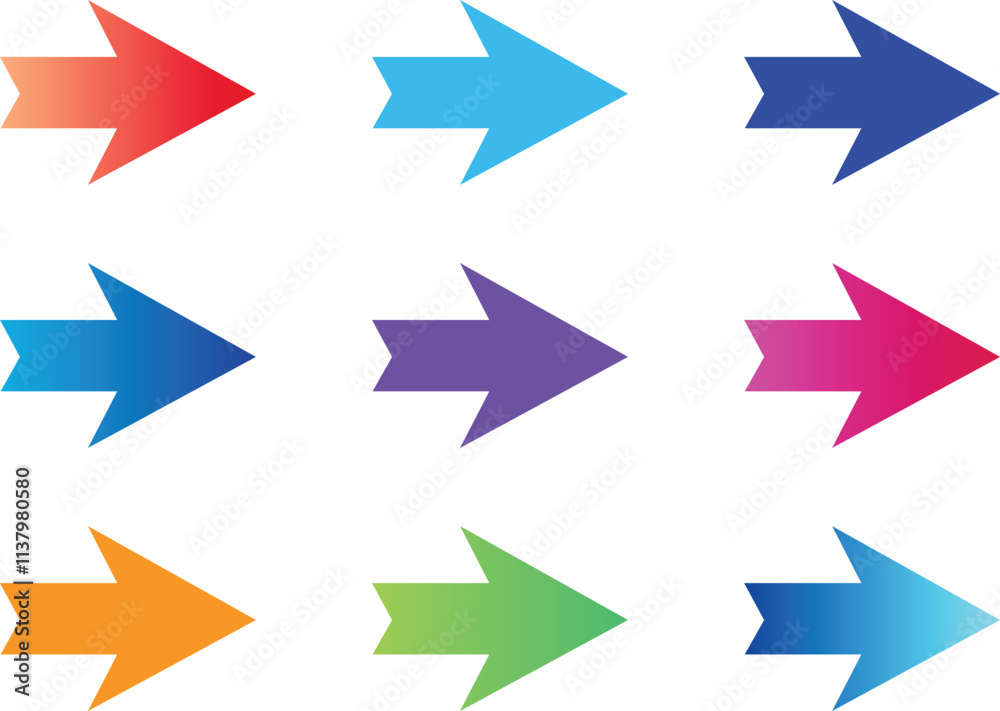 Set of Colorful Arrow Icons in Various Directions and Gradients. Set of Colorful Arrow Icons in Various Directions and Gradients.