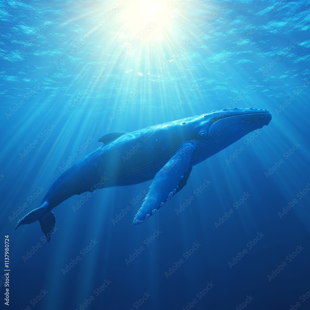 Obraz premium Ocean Sunlight Illuminates Humpback Whale Gracefully Swimming