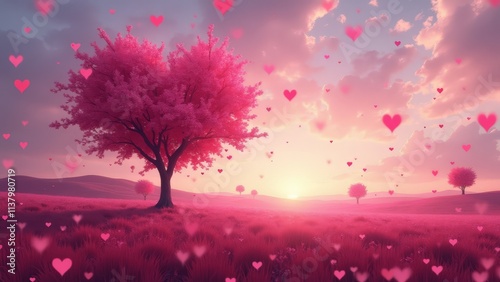 Wallpaper Mural Surreal heart tree in a dreamy glowing meadow with heart leaves, fluffy heart clouds, and romantic pink-purple sunset creating a magical atmosphere, generative, ai Torontodigital.ca