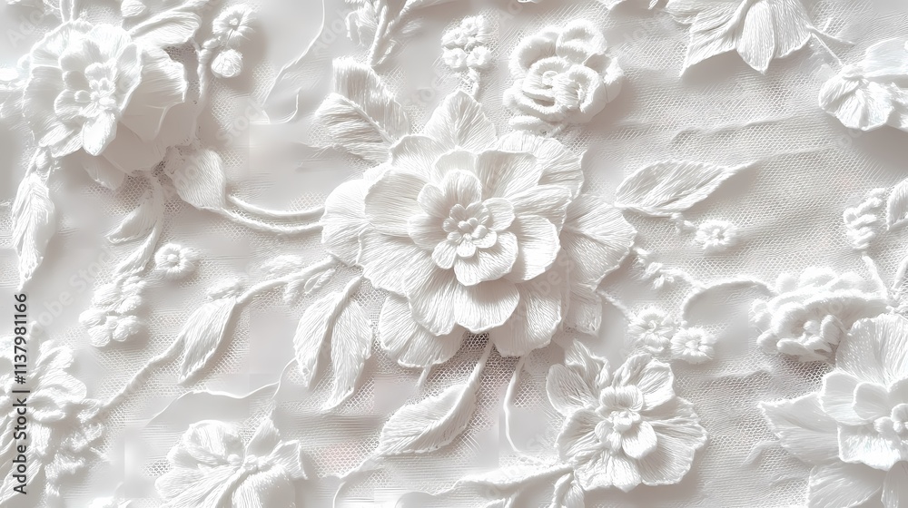 Elegant white lace fabric featuring intricate floral embroidery in various sizes and designs. Elegant white lace fabric featuring intricate floral embroidery in various sizes and designs.