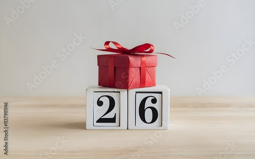 Wooden block calendar 26 December and red color gift box on wood table with white wall background, Happy boxing day sale concept, Copy space your text