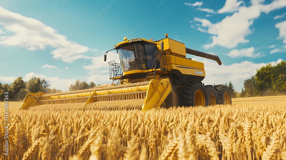 Fototapeta premium A bright yellow combine harvester harvesting golden wheat in a sunlit field.