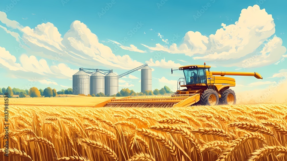 Obraz premium A yellow harvesting machine working in a golden wheat field under a bright blue sky.