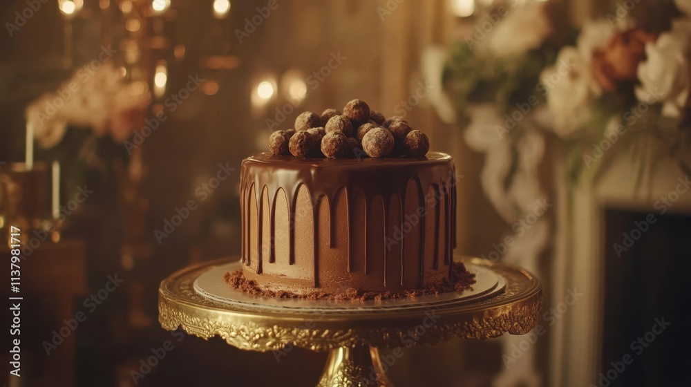 Elegant chocolate cake adorned with truffles on a decorative stand Elegant chocolate cake adorned with truffles on a decorative stand