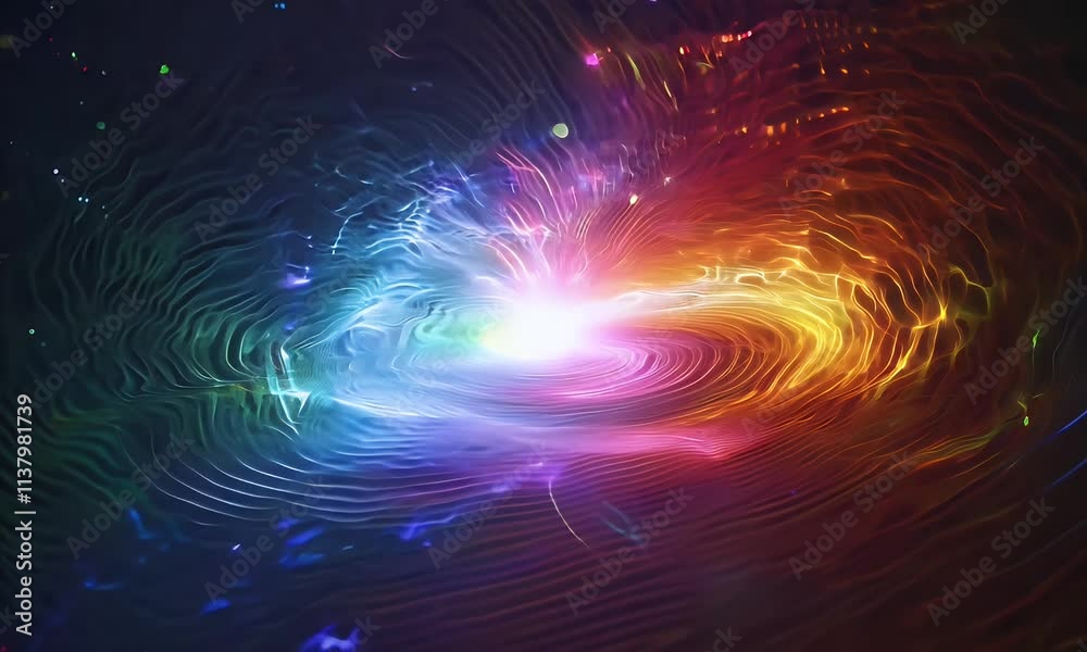 radiant burst of holographic light with rainbow gradients spreading outward over a dark, backdrop radiant burst of holographic light with rainbow gradients spreading outward over a dark, backdrop