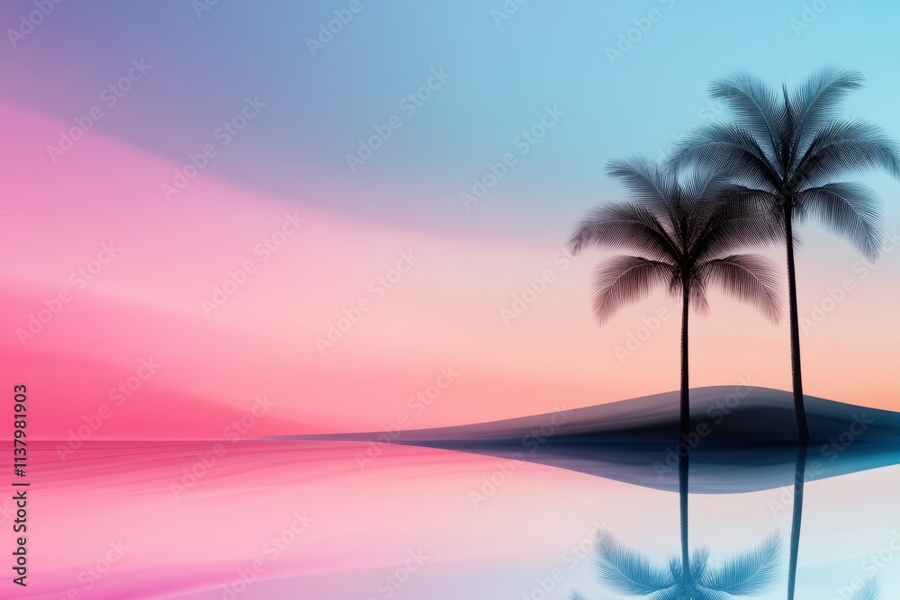 beach sunset art, art collage featuring palm trees silhouetted against a colorful sky with retro wave colors and reflected in calm beach waters beach sunset art, art collage featuring palm trees silhouetted against a colorful sky with retro wave colors and reflected in calm beach waters