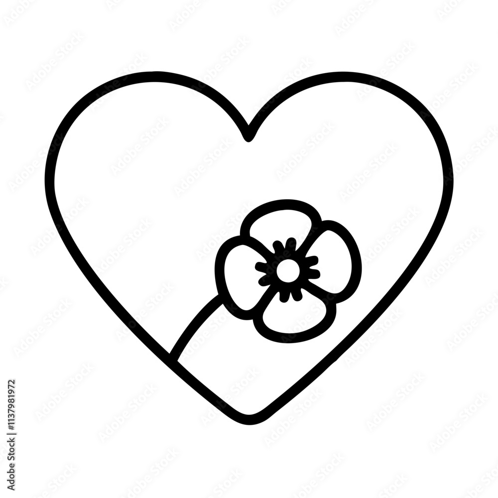 heart with poppy icon, remembrance day line art, remembrance icon - simple black line art icon of heart with poppy, for topic celebrations. topic vector art.