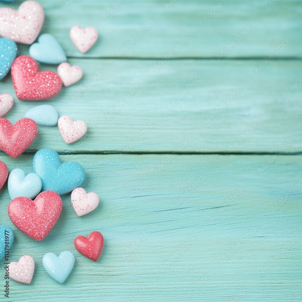 Obraz premium Pastel Hearts Scattered on Teal Wooden Background