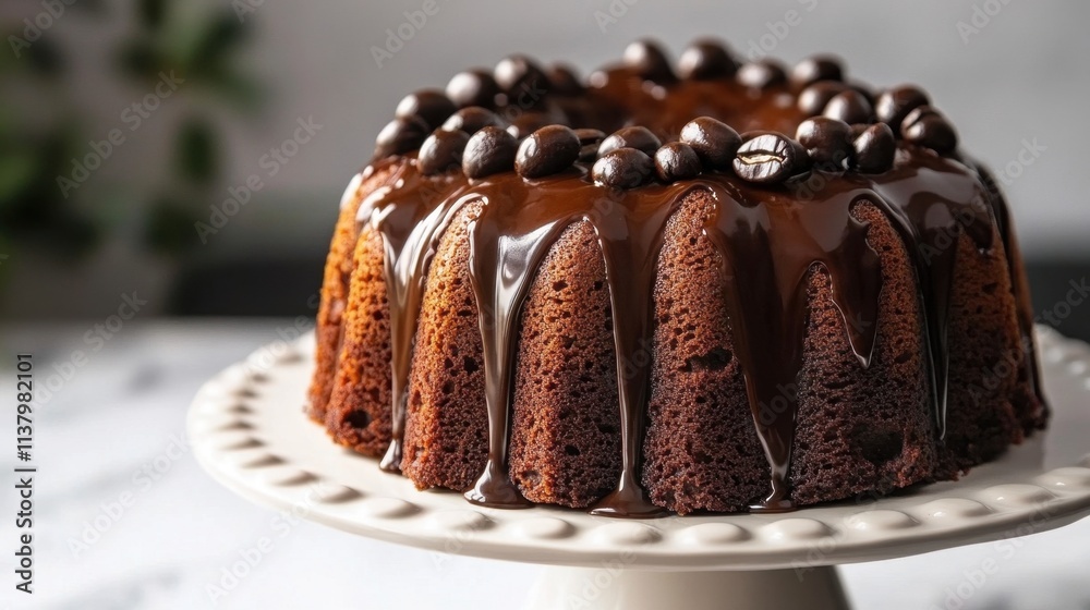 Chocolate Bundt Cake with Coffee Beans Topping on Elegant Stand Chocolate Bundt Cake with Coffee Beans Topping on Elegant Stand