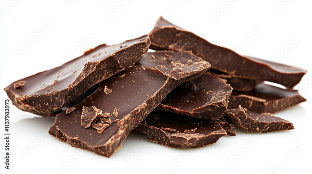 Dark chocolate pieces isolated on white background