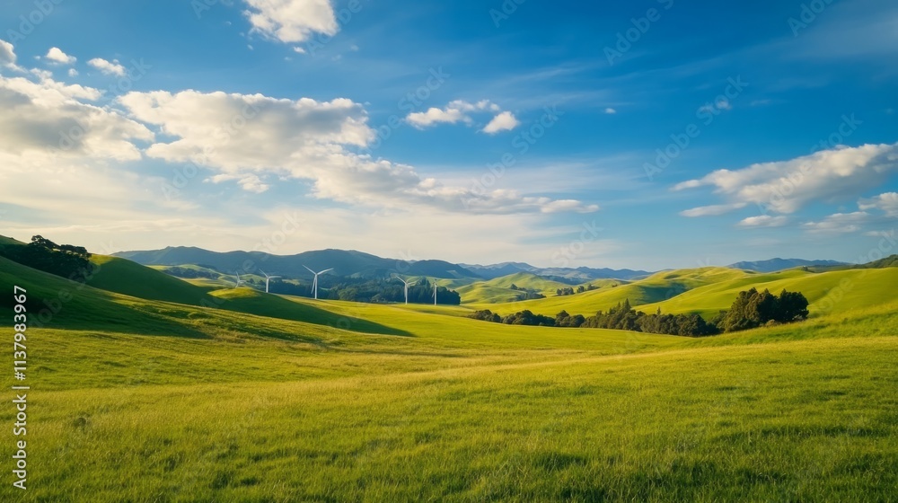 Obraz premium A serene landscape showcasing a wind farm on picturesque rolling hills under a bright blue sky with fluffy white clouds, symbolizing renewable energy and sustainable living.