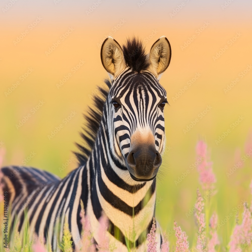 Naklejka premium Plains Zebra Portrait in Golden Hour Meadow