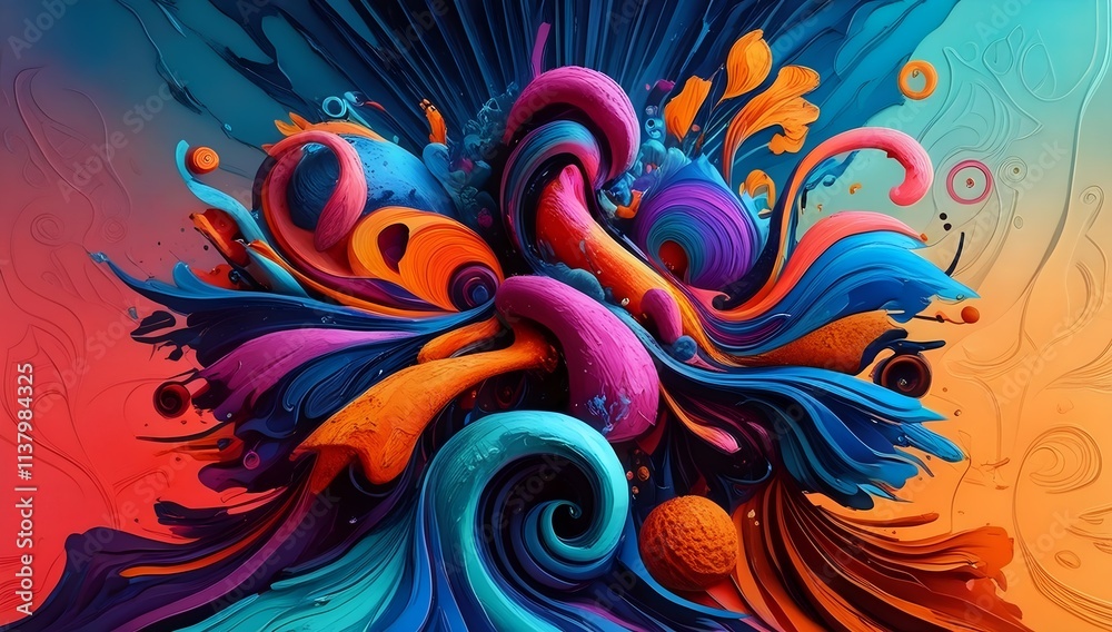 Fototapeta premium Vibrant Abstract Artwork Featuring Flowing Waves of Multicolored Textures and Shapes in Orange and Blue Tones