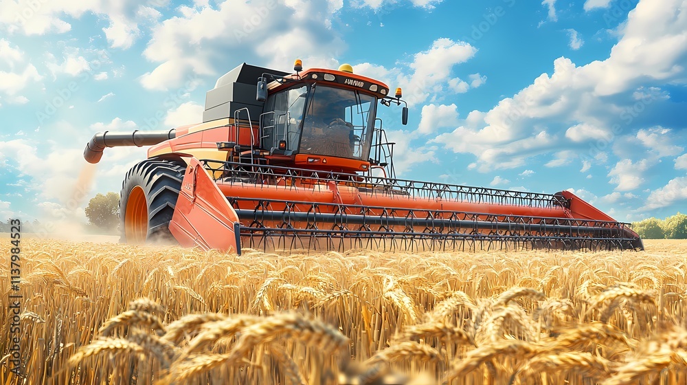 Obraz premium A powerful combine harvester working in a golden wheat field under a bright blue sky.