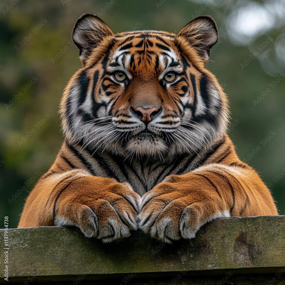Fototapeta premium Powerful Sumatran Tiger Portrait Resting on Wood