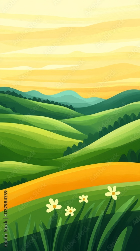 Obraz premium A serene landscape with rolling hills in shades of green under a bright yellow sky, conveying a sense of peace and harmony, with a calm and harmonious atmosphere that invites relaxation.