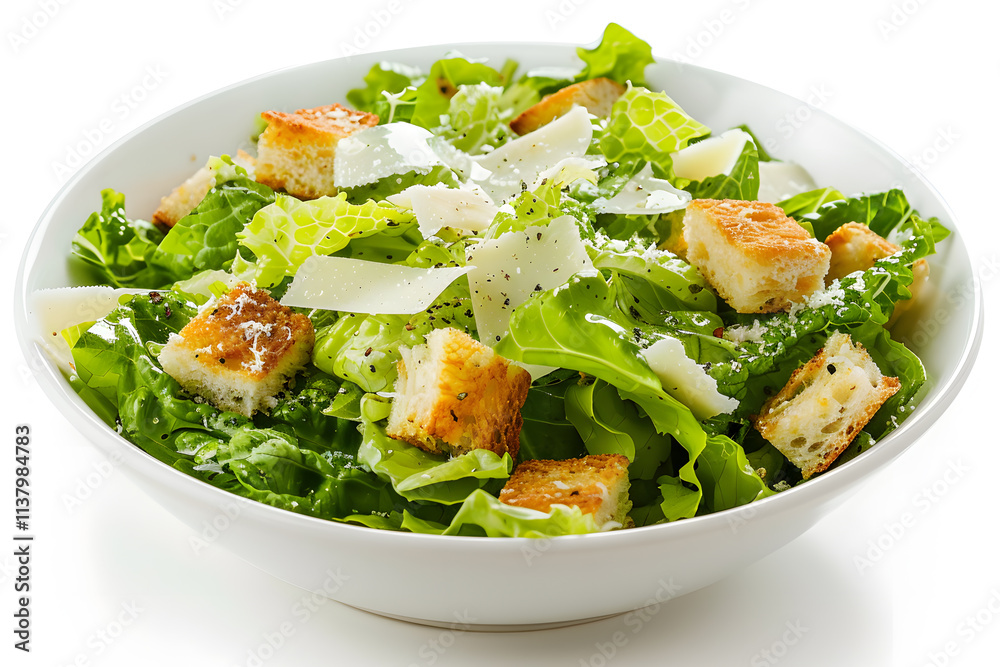 High-quality classic Caesar salad with fresh vegetables and parmesan cheese in a bowl isolated on white background High-quality classic Caesar salad with fresh vegetables and parmesan cheese in a bowl isolated on white background
