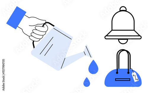 Hand with blue sleeve watering can, blue drops. Black bell for notifications, blue handbag with tag. Ideal for shopping, growth, retail, sales e-commerce business gardening. Line metaphor photo