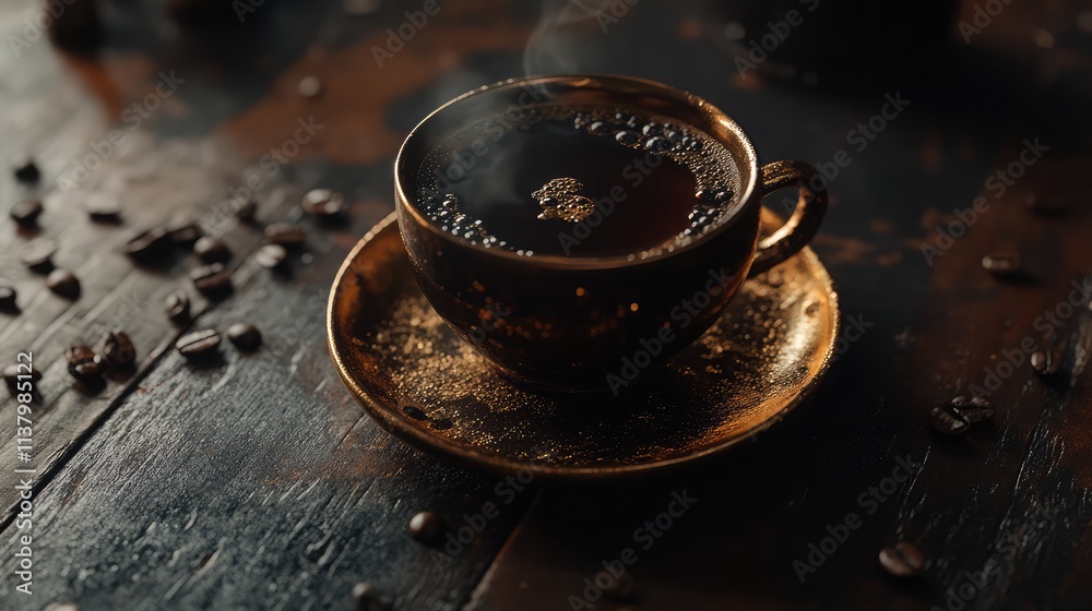A steaming cup of dark coffee on a rustic wooden table, surrounded by scattered coffee beans and soft lighting, creating a warm and cozy morning vibe. A steaming cup of dark coffee on a rustic wooden table, surrounded by scattered coffee beans and soft lighting, creating a warm and cozy morning vibe.