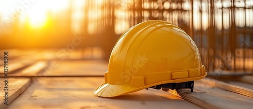 Yellow safety helmet on a construction site, workplace safety, blurred scaffolding background, sunset lighting, Labor Day theme, professional environment photo