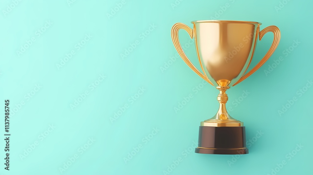 A gleaming gold trophy positioned against a vibrant turquoise background. A gleaming gold trophy positioned against a vibrant turquoise background.