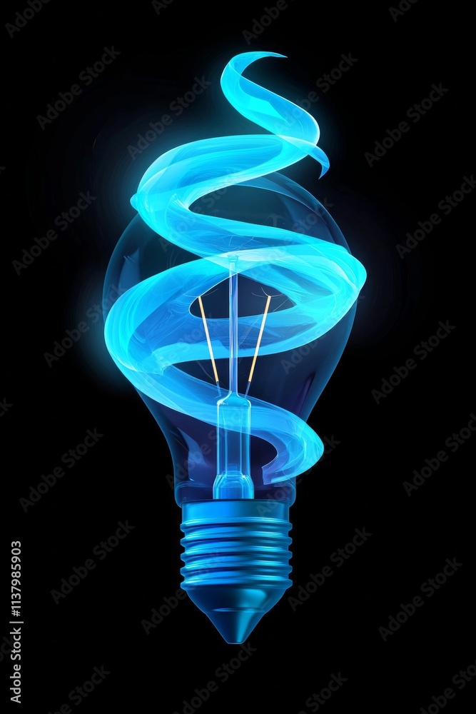 Obraz premium A bright blue lightbulb with bold rays extending outward on a matte black background. The filament inside forms a creative swirl, making it ideal for innovation or idea-driven themes. 