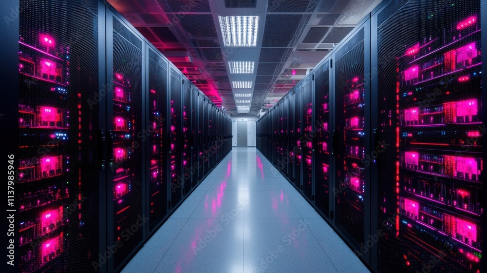 Fototapeta premium Quantum machines and computing development, A futuristic data center corridor lined with servers, featuring vibrant pink lights, highlighting a sleek and high-tech environment.