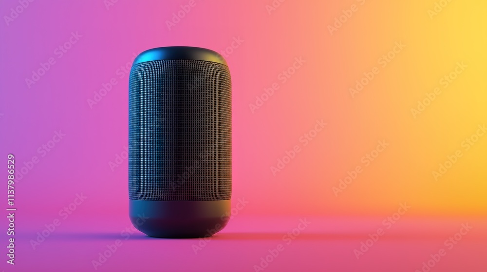 A sleek, modern speaker stands against a vibrant gradient background, showcasing its stylish design and captivating colors. A sleek, modern speaker stands against a vibrant gradient background, showcasing its stylish design and captivating colors.