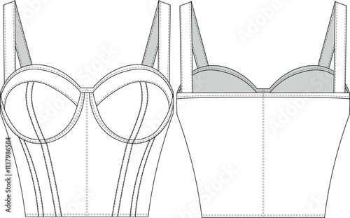 sleeveless strappy strapped shoulder straps underwired fit elastic cropped crop blouse bustier template technical drawing flat sketch cad mockup fashion woman design style model 
