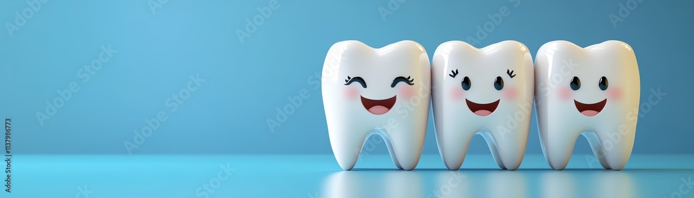 3D teeth with a joyful expression on blue background, perfect dental hygiene, dental health concept, clean and polished teeth, bright and friendly design 3D teeth with a joyful expression on blue background, perfect dental hygiene, dental health concept, clean and polished teeth, bright and friendly design