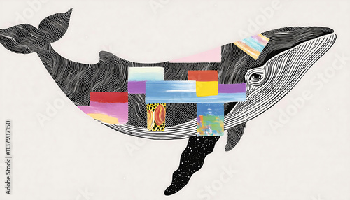 Oceanic Whale Collage: Waves, Fabrics, and Watercolor Harmony photo