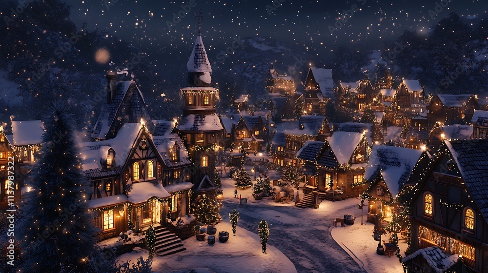 Fototapeta premium Christmas village with snow-covered rooftops, twinkling lights, and festive decorations 