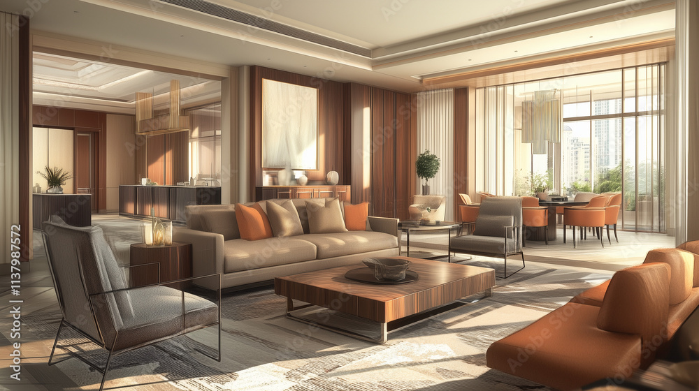 Modern living room with natural light, elegant furniture, and warm tones for a cozy home interior Modern living room with natural light, elegant furniture, and warm tones for a cozy home interior