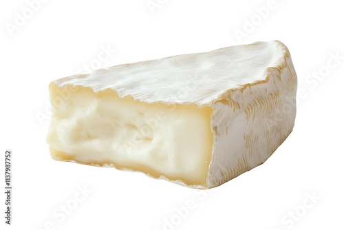Creamy Camembert cheese wedge isolated on transparent background.