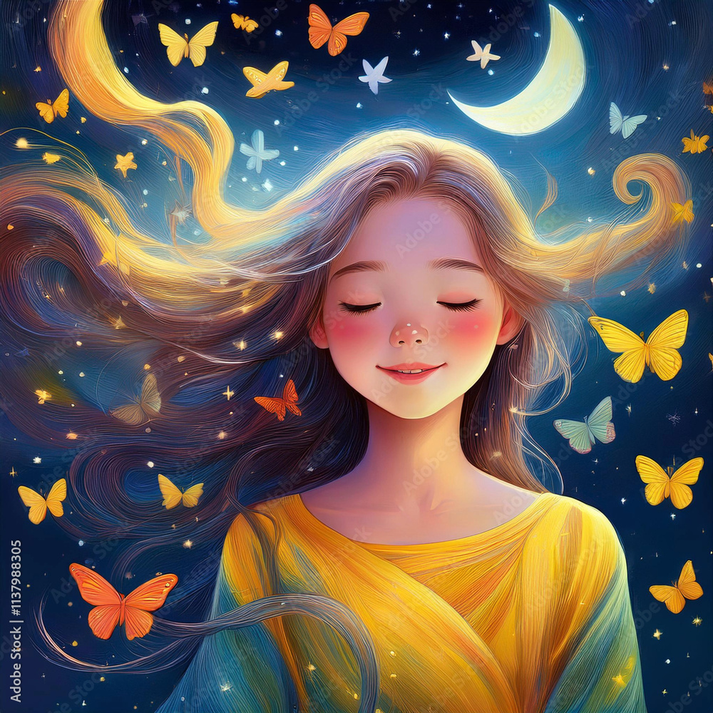 Girl in the night sky. Symbol of well-being.