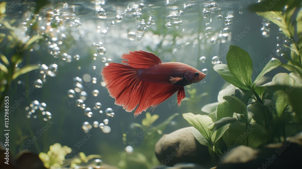 Vibrant Betta Fish Swimming Gracefully in Aquatic Environment Vibrant Betta Fish Swimming Gracefully in Aquatic Environment