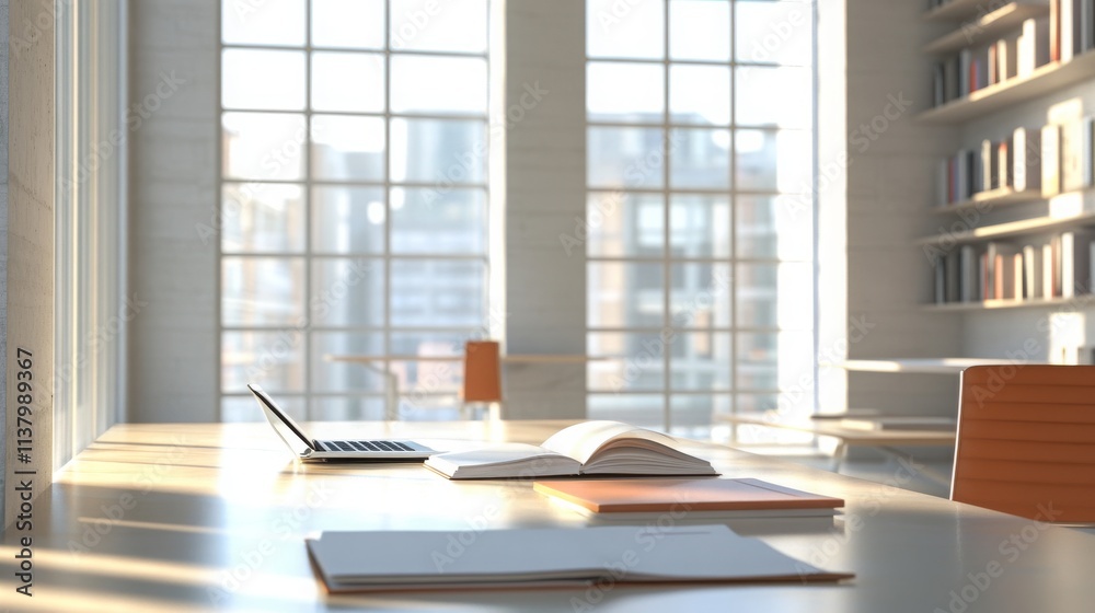 Bright Minimalist Office Setting with Meeting Space Bright Minimalist Office Setting with Meeting Space