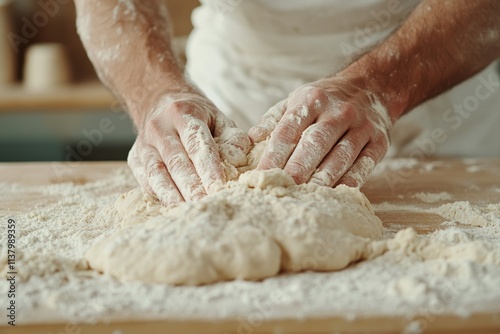 Hands kneading dough on a floured wooden surface