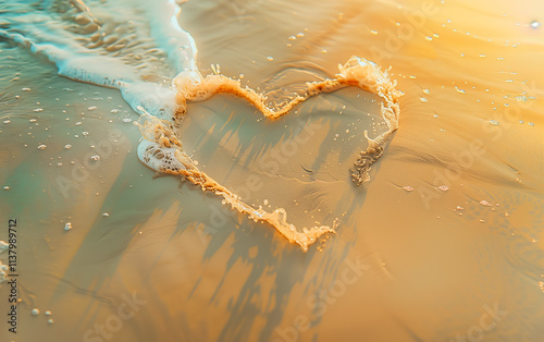 A heart drawn in the sand on an exotic beach. Theme for travel and vacation banner with romantic atmosphere. photo