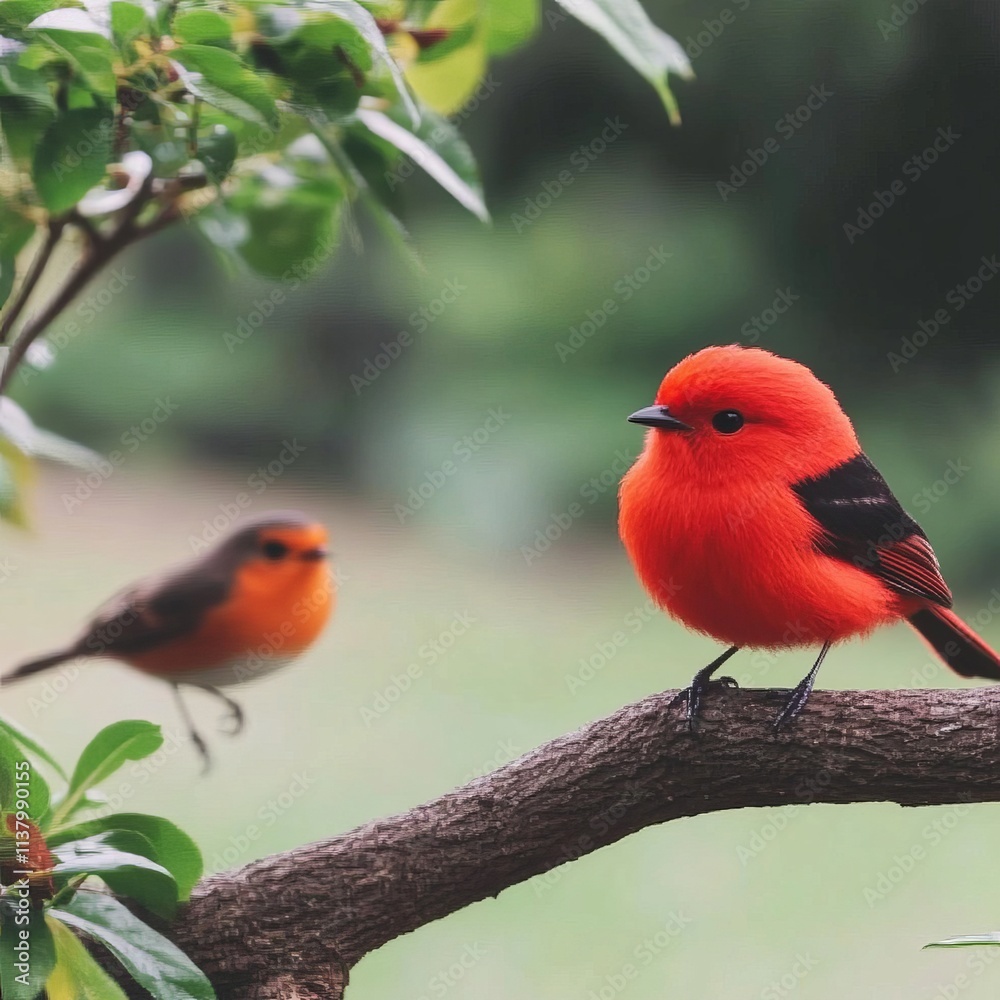Scarlet Tanager and Robin Perched on Branch in Lush Nature Scarlet Tanager and Robin Perched on Branch in Lush Nature