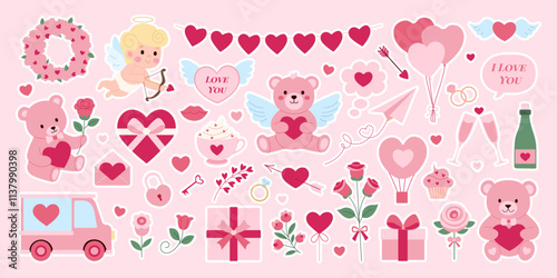 A collection of Valentine's Day themed stickers and images. There are many hearts, a teddy bear, a truck, a cupcake, and a balloon