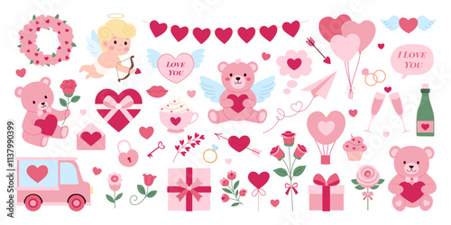 A collection of Valentine's Day themed images including a teddy bear, a cupcake, a car, a rose, a heart, and a balloon